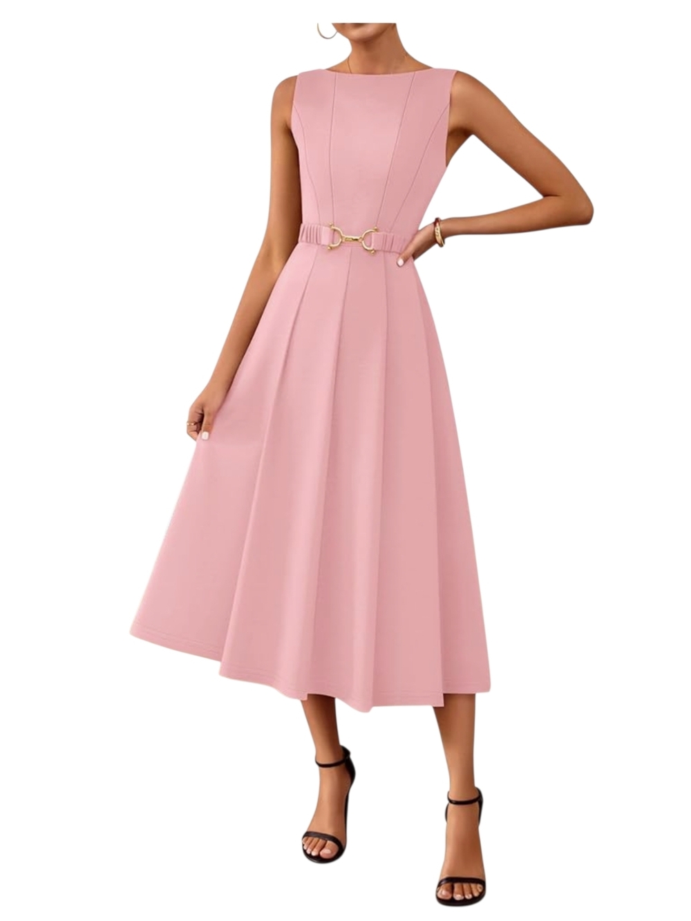 ZESICA - XL Elegant Sleeveless Pink Midi Dress with Belt - Picture 6 of 16